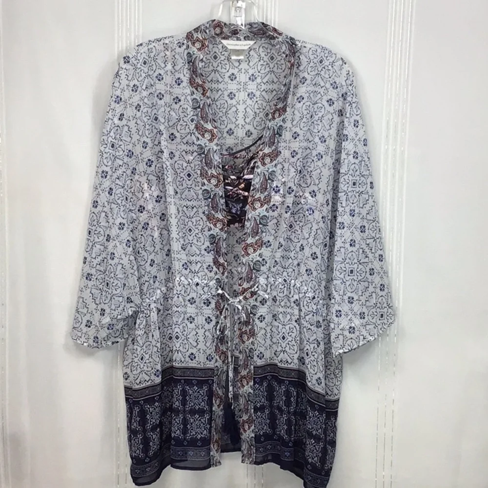 Christopher & Banks Semi Sheer Blue White Patterned Kimono Top Sz.S/M - Picture 10 of 10